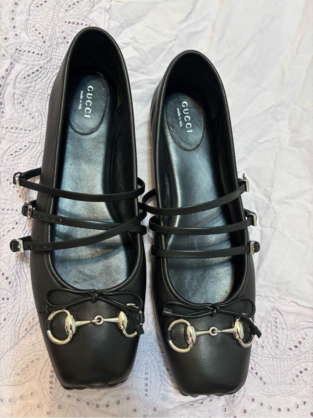 Gucci Black Leather Triple-Strap Horsebit Ballet Flats